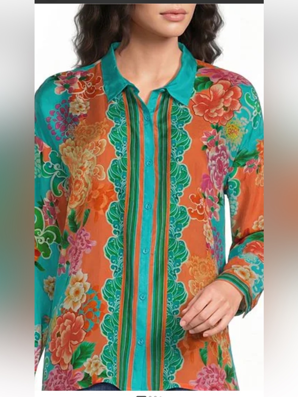 Johnny Was Floral Silk-Blend Shirt in Turquoise & Orange